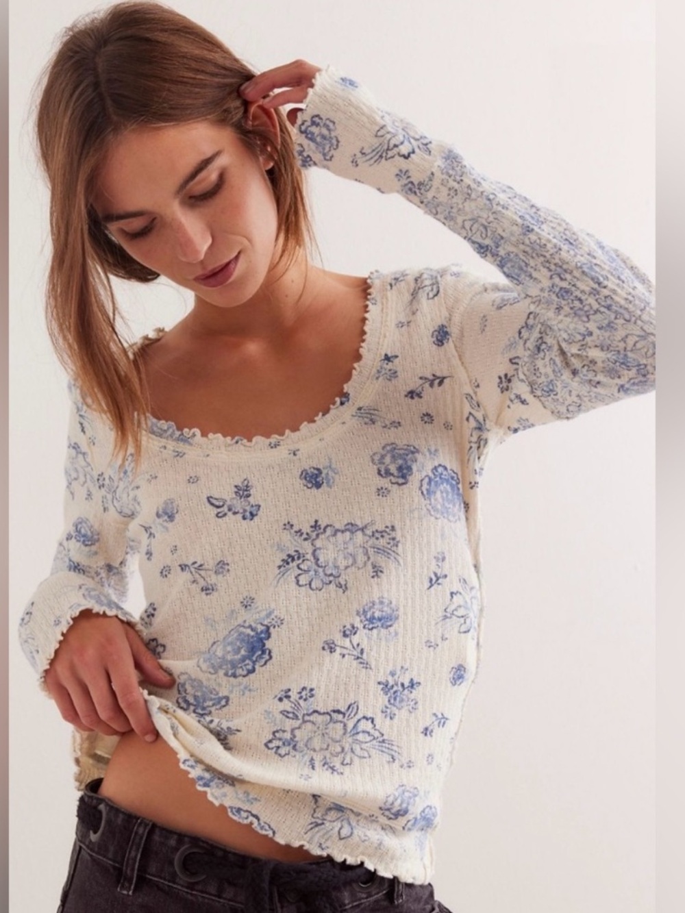 Free People We The Free Clover Printed Thermal Top XL blue Floral Long Sleeve